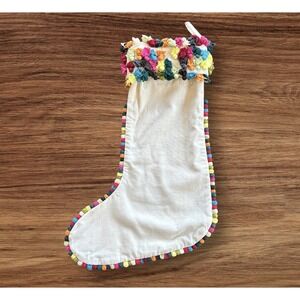 Crate & Barrel Christmas Stocking 17.5" Confetti Rag Pom Pom Folk Art Retro